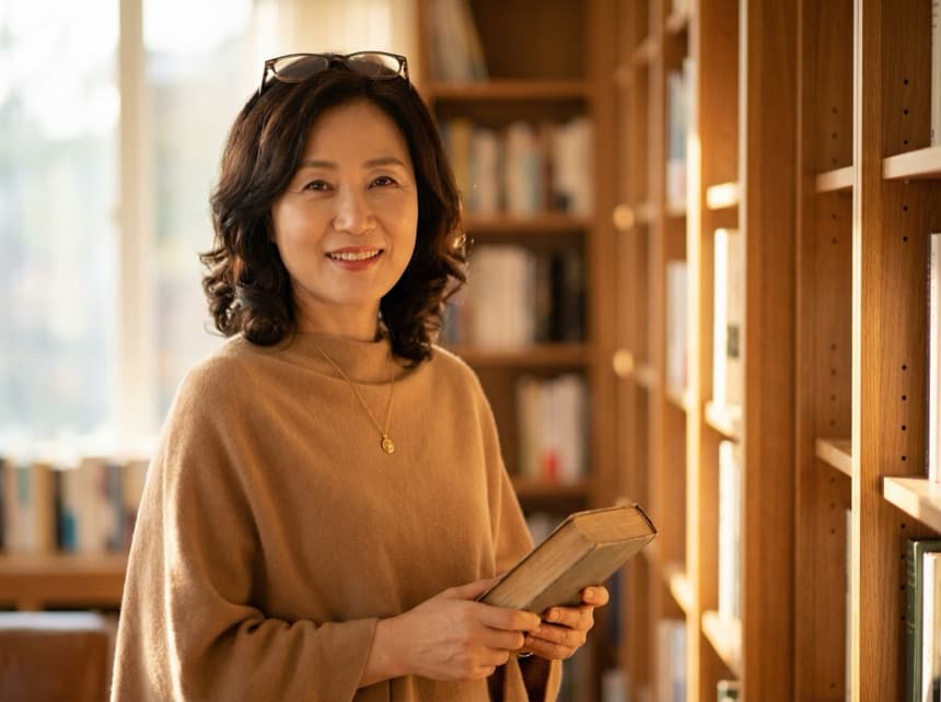 도서관에서 미소 짓는 여성