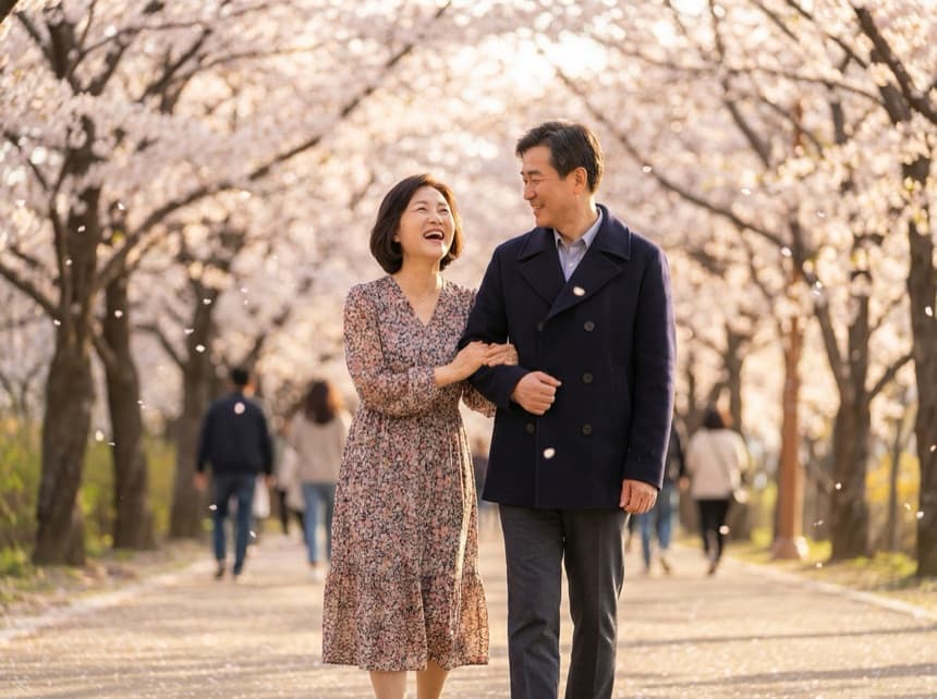 벚꽃길을 걷는 커플
