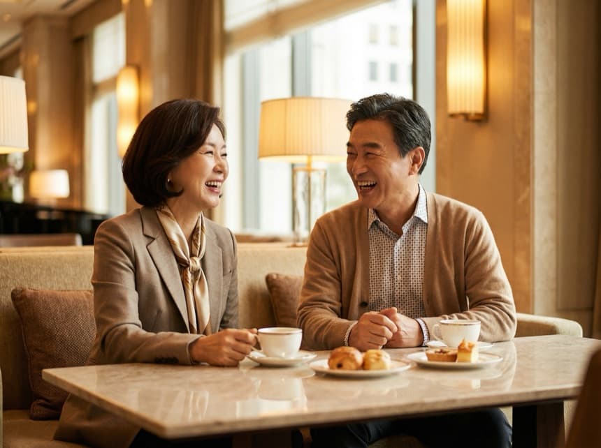 호텔 라운지에서 커피를 즐기는 커플